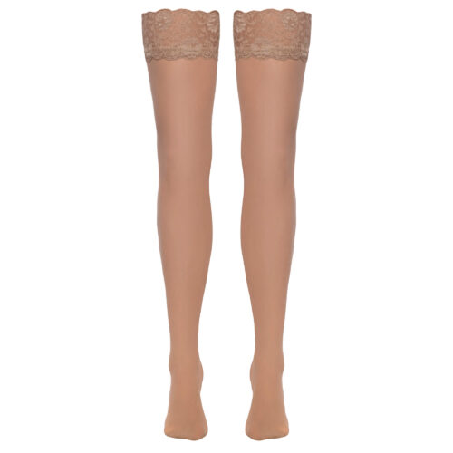 Beige Nylon Stockings For Suspenders with Lace Top