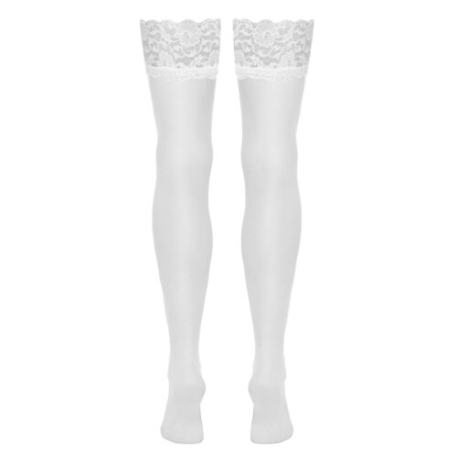 White Nylon Stockings For Suspenders with Lace Top